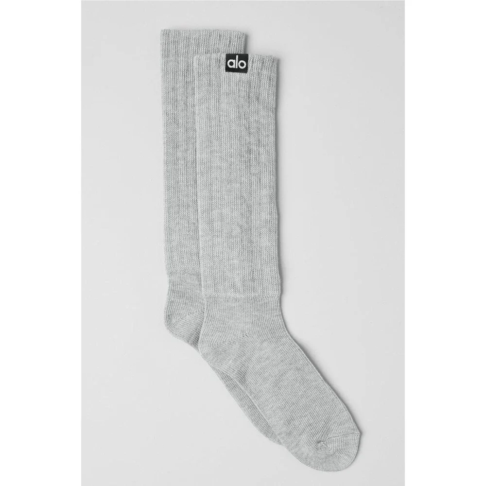 Alo Yoga Womens Scrunch Socks Athletic Heather Grey Ribbed Tall Logo M/L NEW